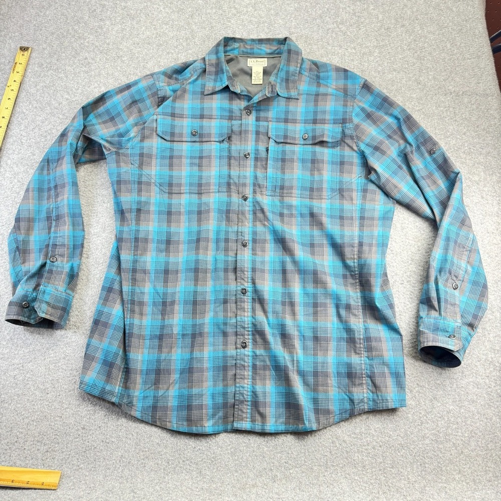 L.L. Bean Men's XL Tall Performance Plaid Shirt Blue Gray Vented Stretch Fishing